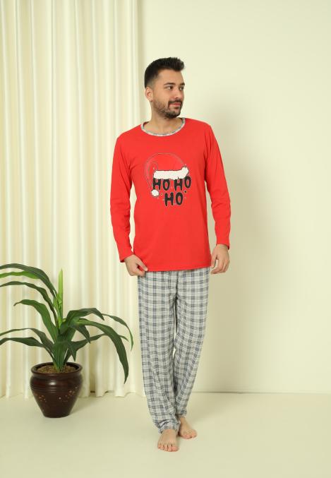 Pijama barbati Craciun "HO HO" maneca lunga ,pantaloni lungi,Culoare Rosu, Engros